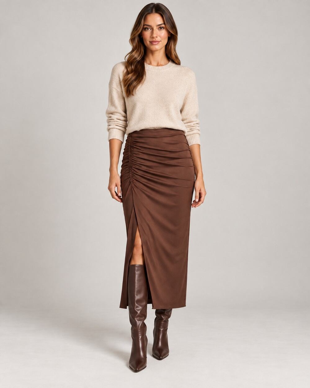 REISS Lisa Ruched Front Split Midi Skirt in Chocolate 10 NWT